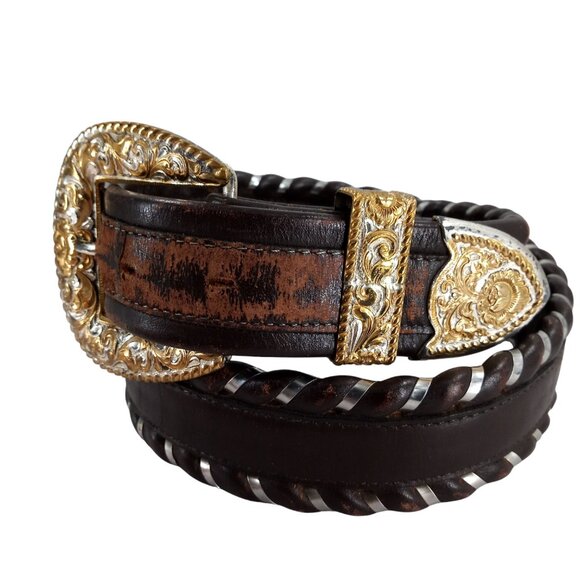 Vintage Fisher Brown Leather Backstitch Gold Silver Buckle Belt Size 34 Western - Picture 2 of 8